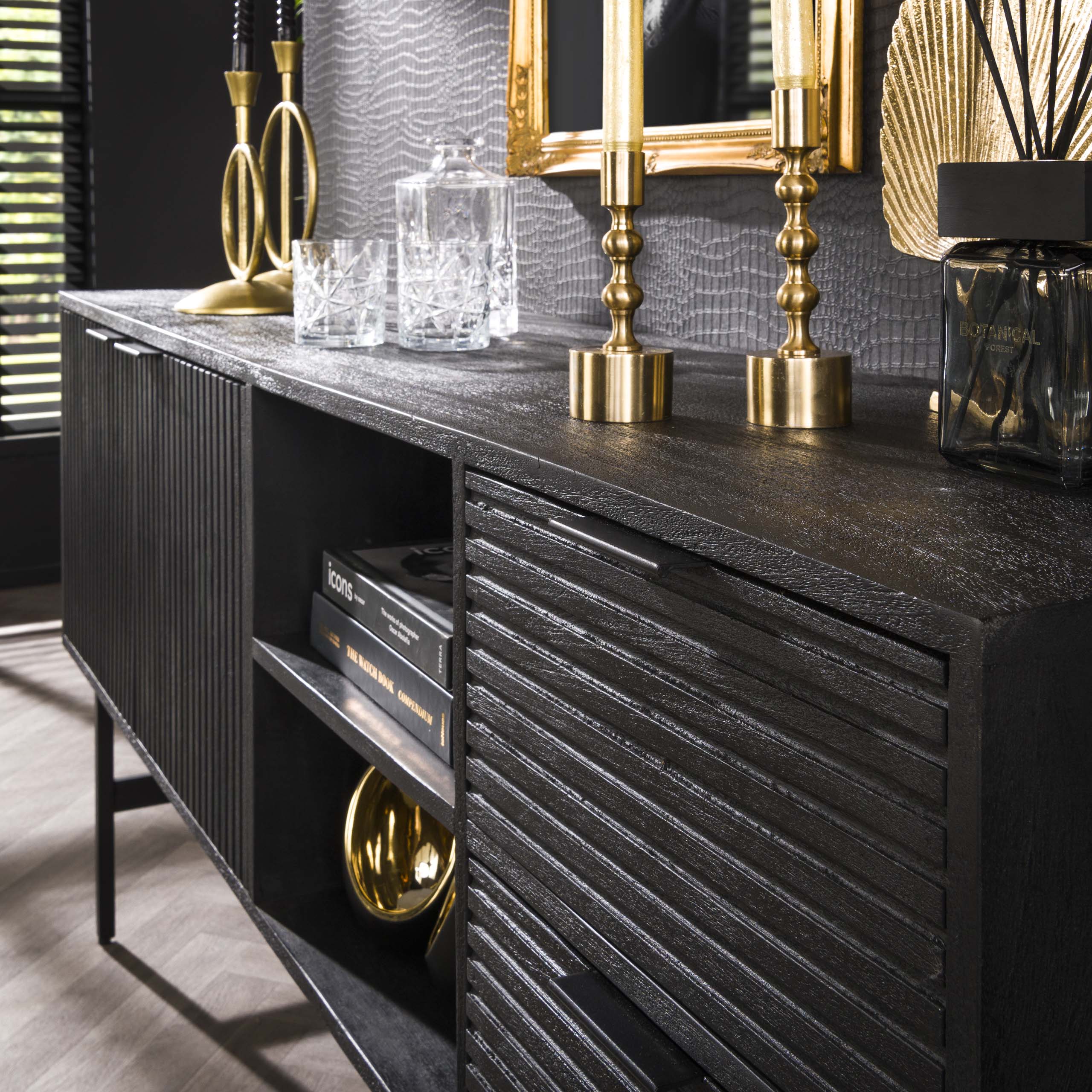 Kommode Marina 2 Schubladen 2 Türen - Massives Mangoschwarz