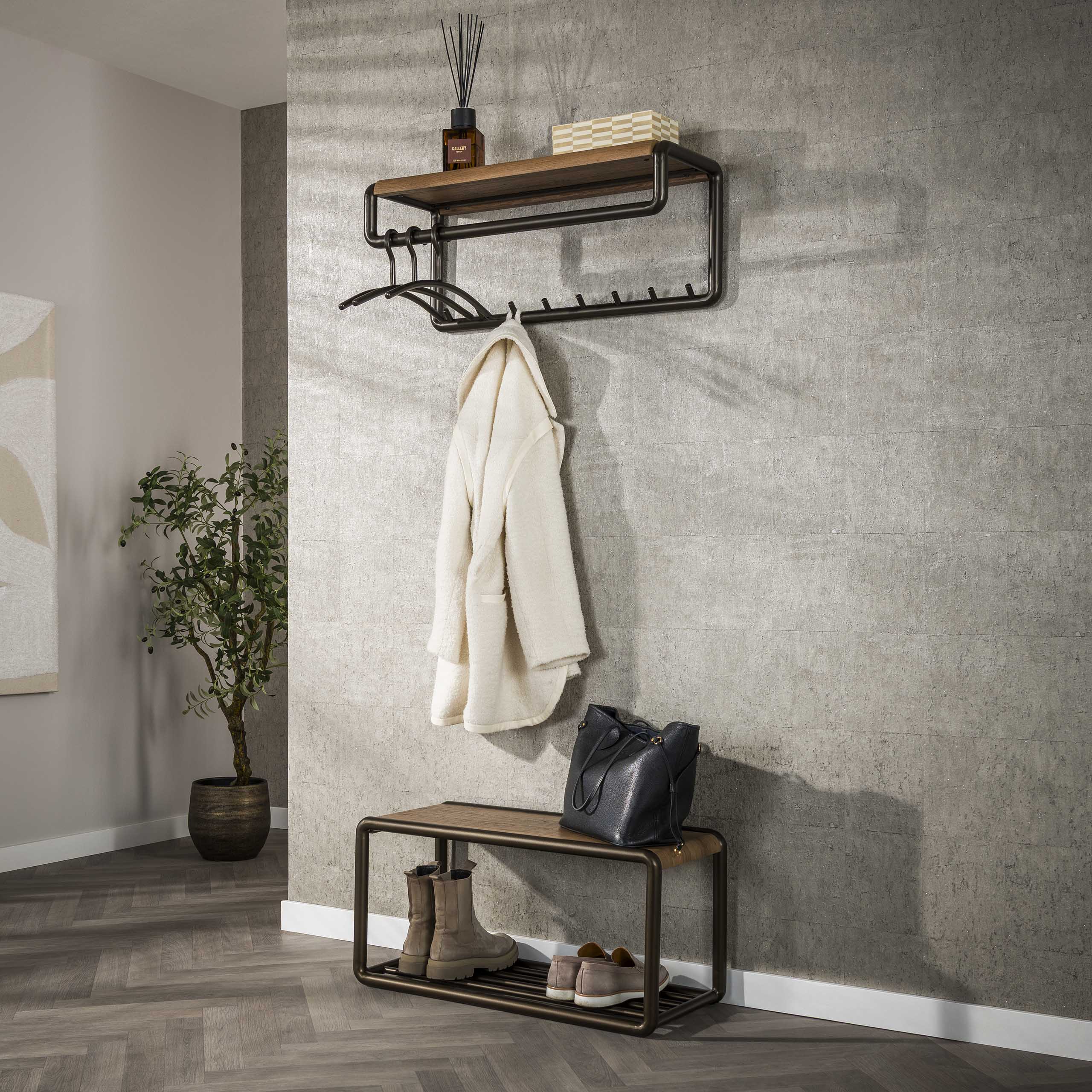 Garderobe Luno Stange & Hutablage 8 Haken – Driftbraun