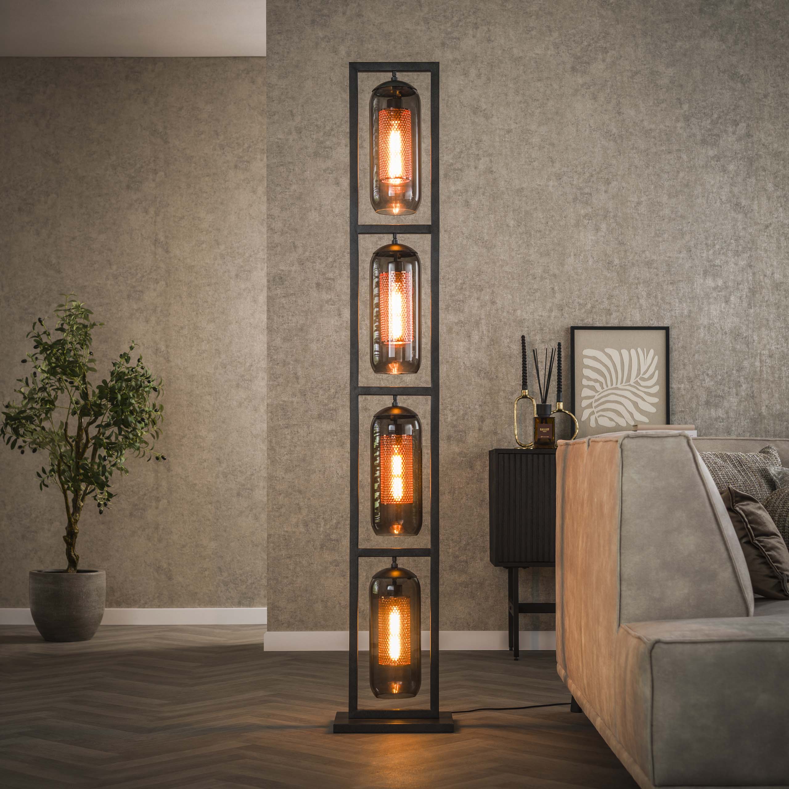 Stehleuchte 4L Turm Rauchglas-Lochstahl / Artic schwarz