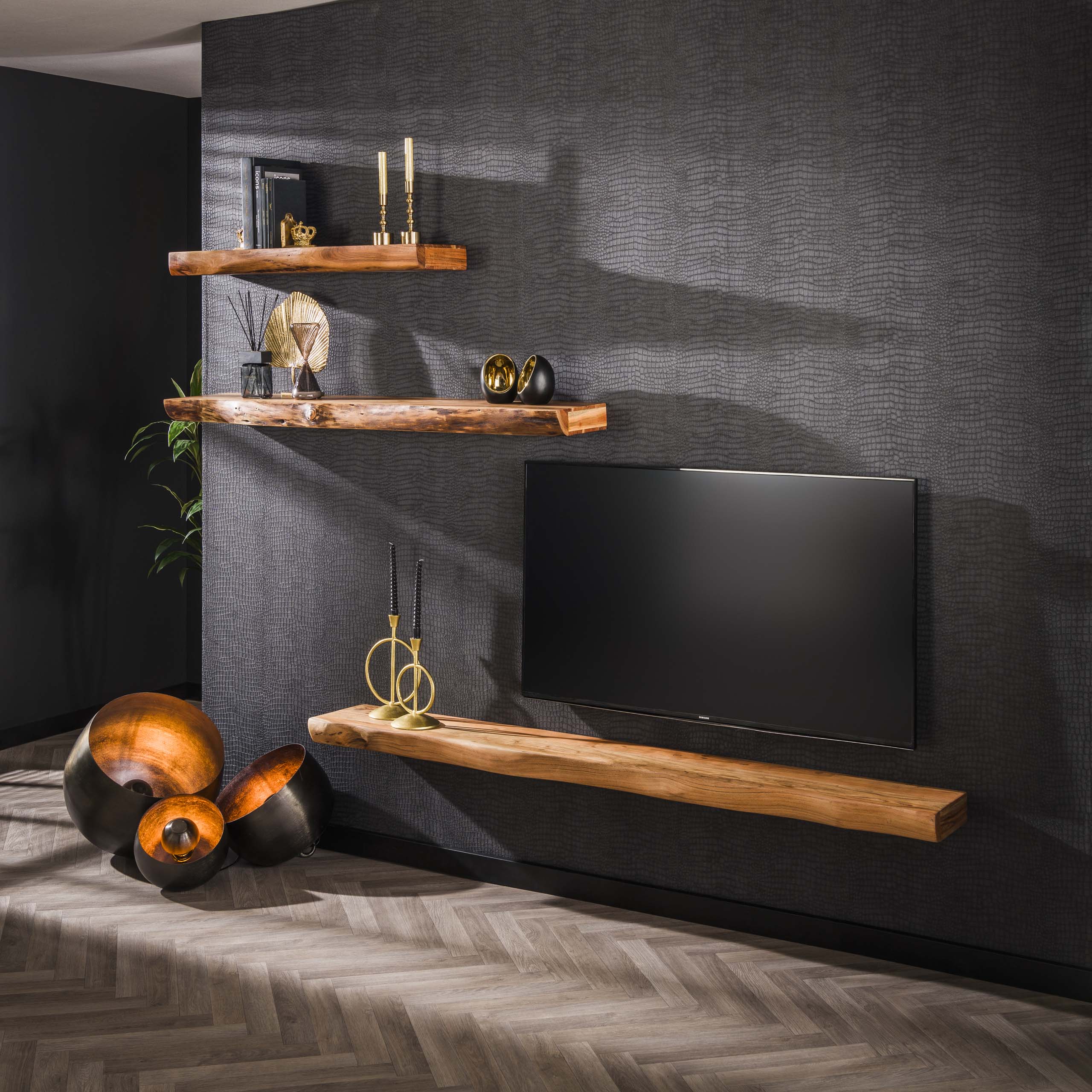 Wandregal 100 Stufen / Massive Akazie natur