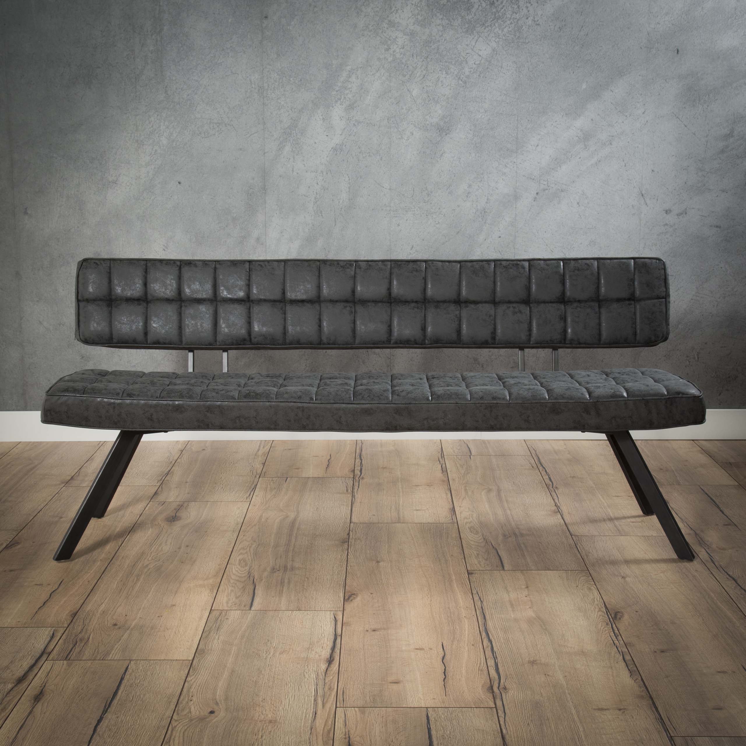 Esszimmersofa 180 cm mit Kreuzsteppung und offener Rückenlehne. / Wachs PU schwarz