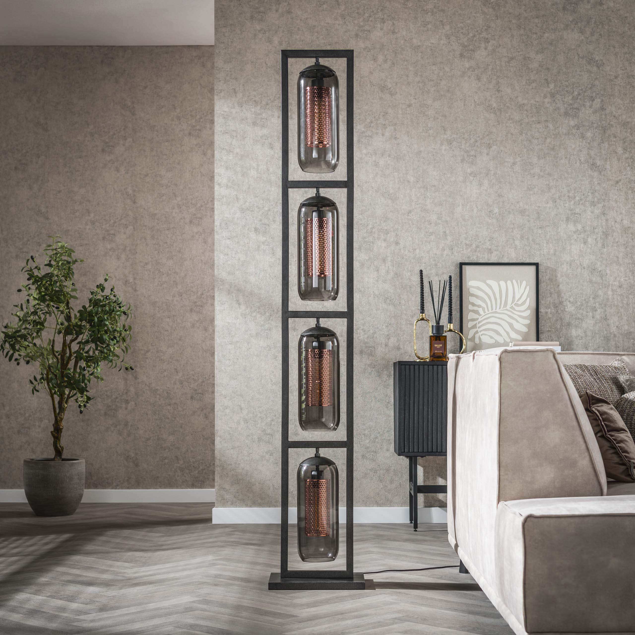 Stehleuchte 4L Turm Rauchglas-Lochstahl / Artic schwarz