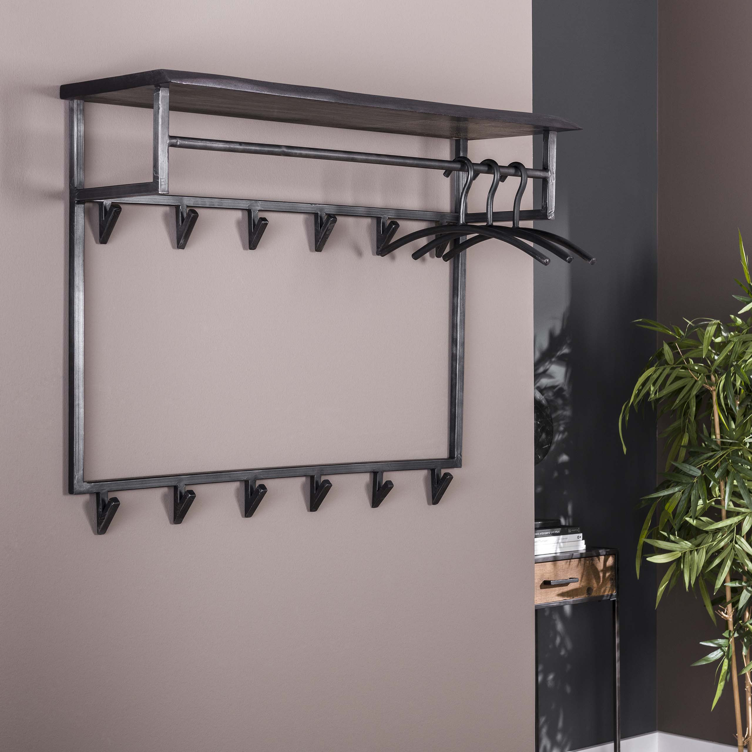 Garderobe Yucon hoch 12 Haken Hutablage / Massive Akazie schwarz