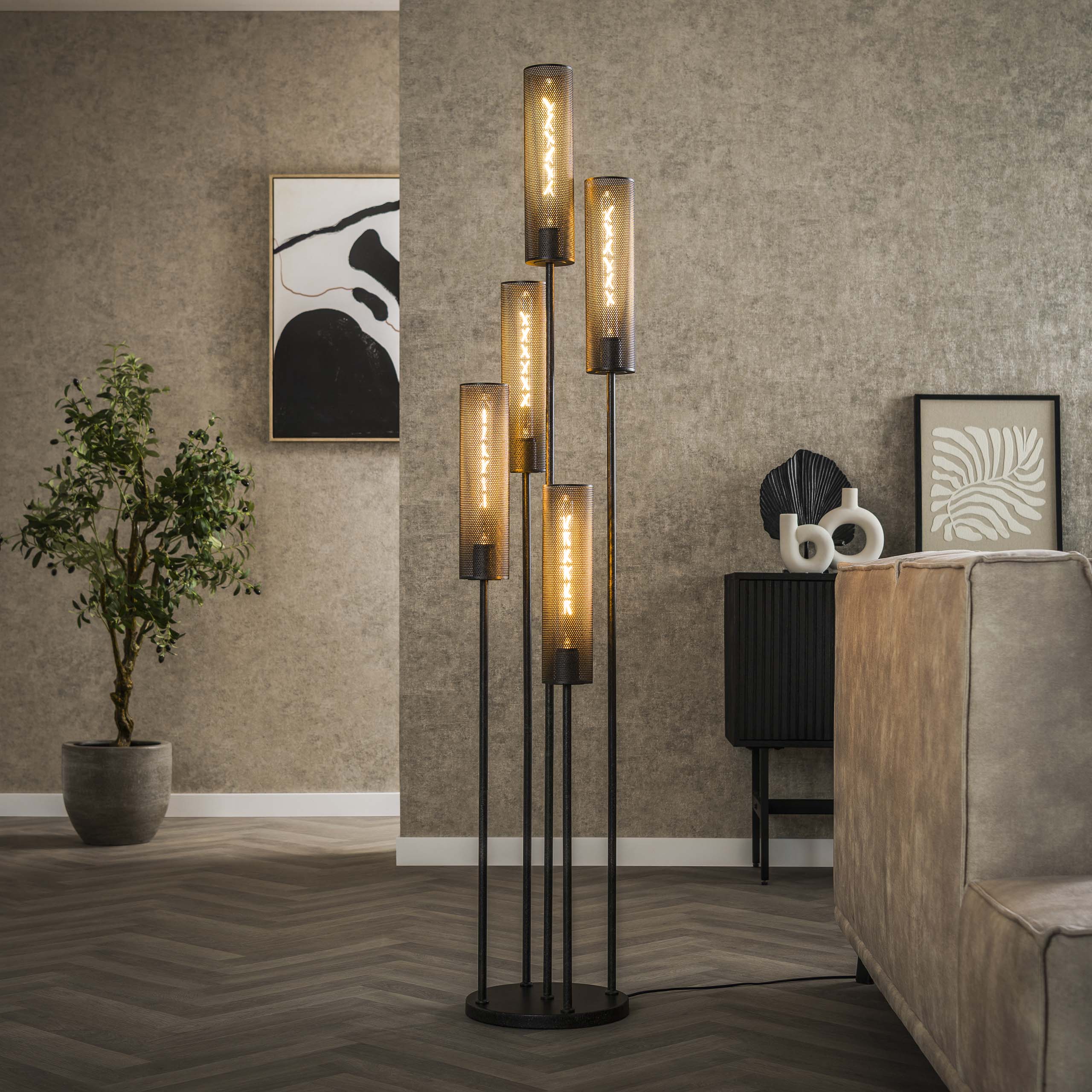 Stehleuchte 5L Stufenrohrgeflecht / Artic schwarz